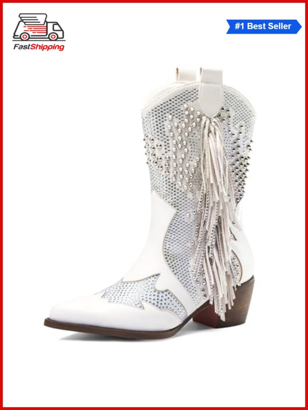 ✨ Sparkly Rhinestone Western Ankle Boots Pointed Toe Tassel Chunky Heel Booties